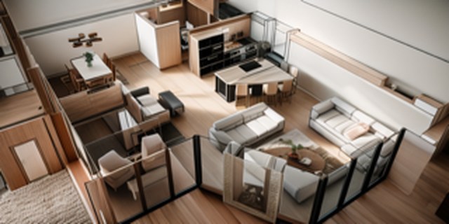 Interior aerial — kitchen, dining and lounge zones