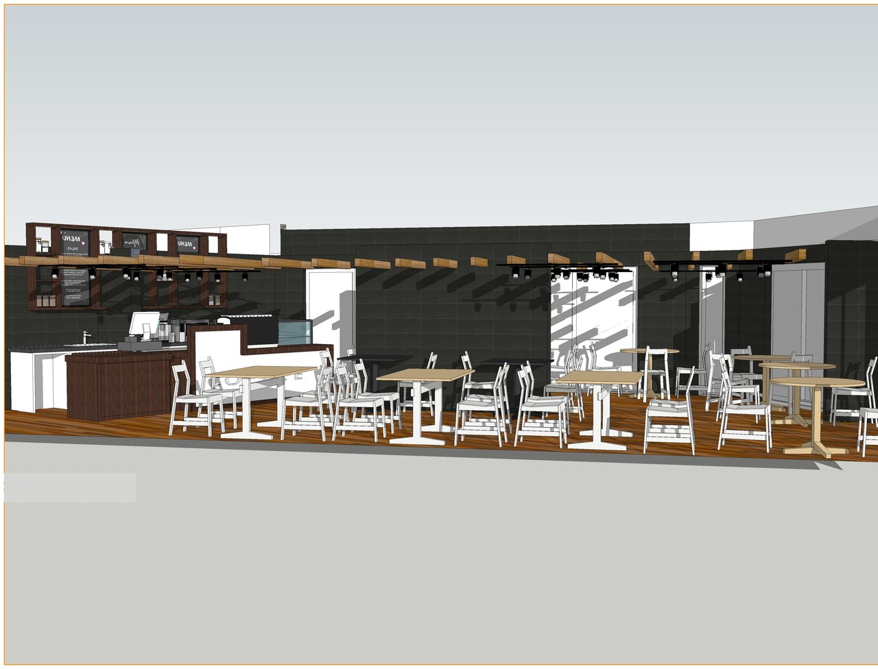 A3 café interior — counter, seating and timber beam ceiling from the entrance