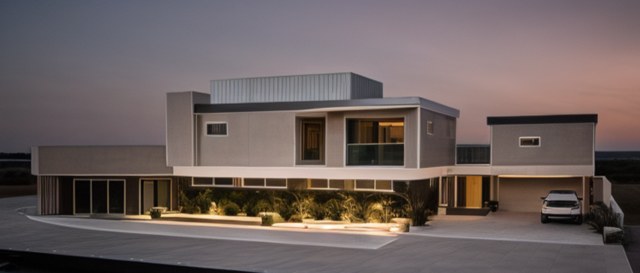 Evening view of the front elevation from the driveway